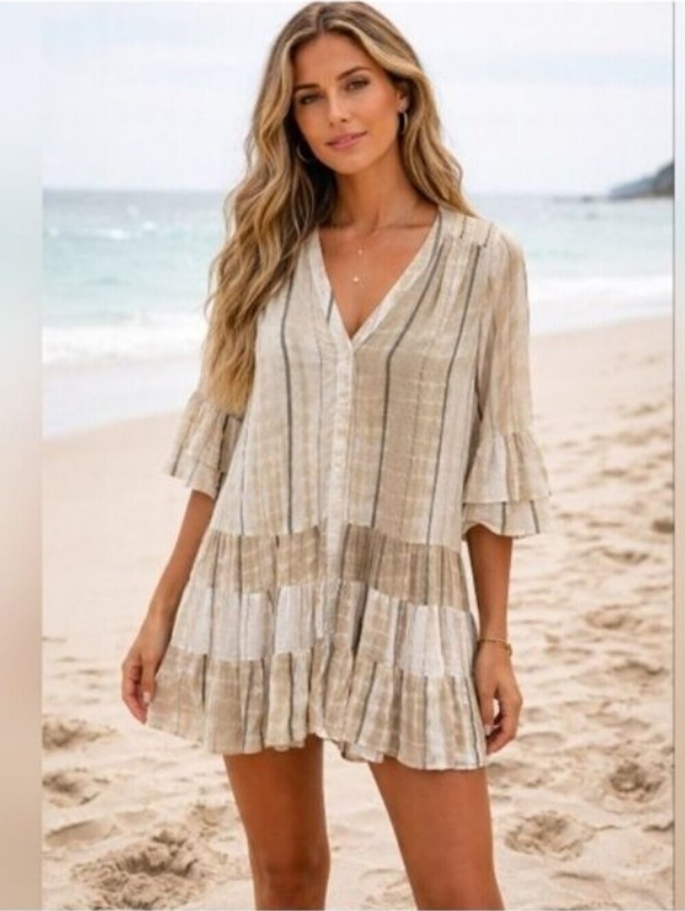 Spiaggia Dolce Striped Beige and White Ruffle Beach Swim Coverup Dress XS